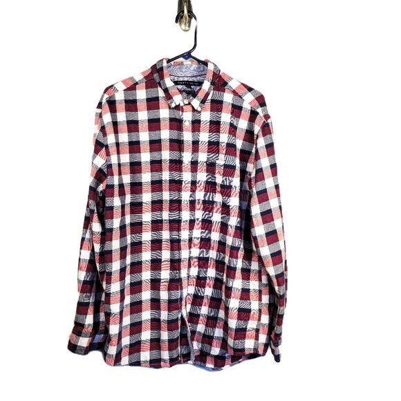 Tommy Hilfiger Mens XL Plaid Flannel Long Sleeved Button Down Shirt Red Blue - Picture 1 of 7